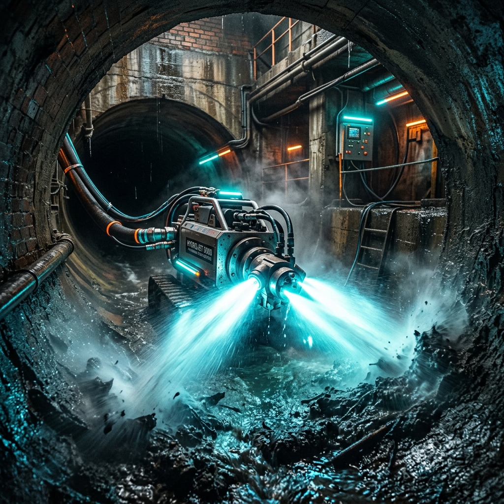 Commercial hydro-jetting machine clearing pipe
