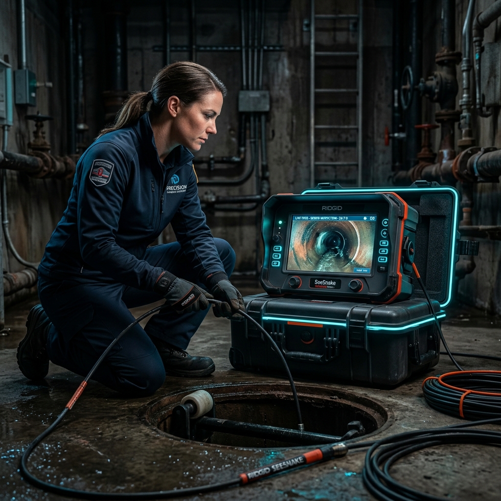 Plumber inspecting sewer line with rigid SeeSnake camera